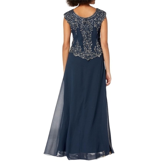 NEW J Kara Navy Mock 2 Piece Beaded Bodice Cap Sleeve Long Fit & Flare Dress - Picture 9 of 15